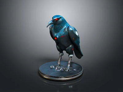 Cybernetic Crow Character With Red Glowing Eyes Metallic Body And Silver Base 3d model
