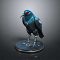 Cybernetic Crow Character With Red Glowing Eyes Metallic Body And Silver Base