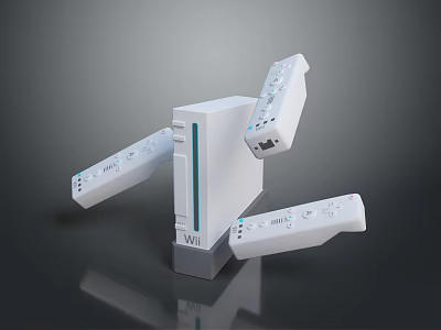 White Wii Gaming Console System With Wireless Remotes And Classic Controller Design 3d model