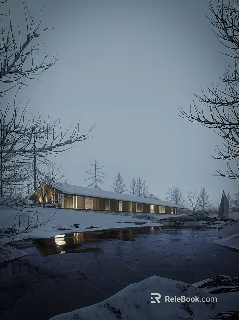 Snow Covered Residential Building With Trees River And Lights In Gray Sky 3d model 