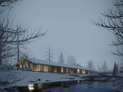 Snow Covered Residential Building With Trees River And Lights In Gray Sky 3d model