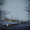 Snow Covered Residential Building With Trees River And Lights In Gray Sky