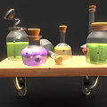 Decorative Wall Cabinet with Wooden Shelf and Colorful Bottles in Various Shapes and Metal Brackets