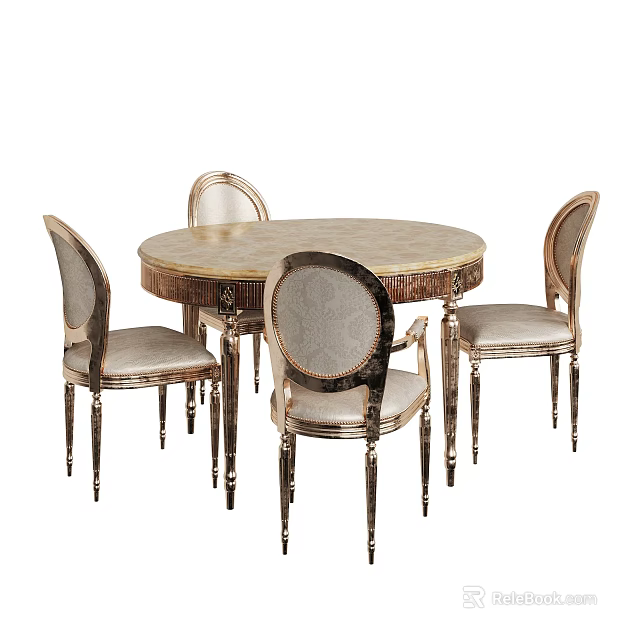 Elegant Round Dining Table Set with Upholstered Chairs and Decorative Metal Legs 3d model