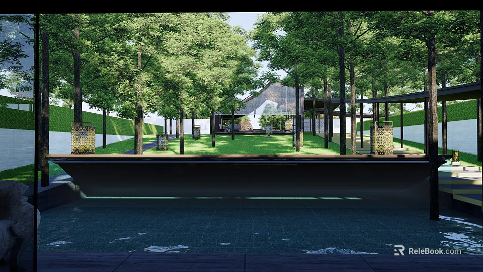 Tranquil Garden Landscape Design With Lush Trees Green Lawn And Modern Architecture 3d model 