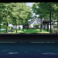 Tranquil Garden Landscape Design With Lush Trees Green Lawn And Modern Architecture