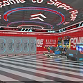 Trendy Play Playground With Red Walls Striped Flooring Neon Welcome And Power Zone