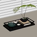 Stylish Tea Tray With Ceramic Teapot Green Plant On Tabletop Near Window Blinds