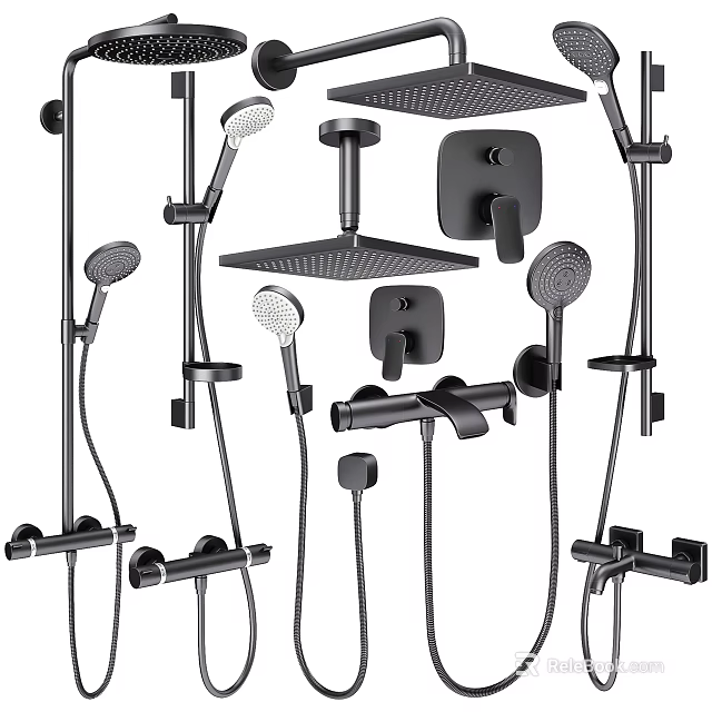 Modern Black Shower System With Handheld Head Rainfall Sprayer And Control Valves 3d model