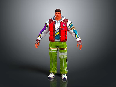 Male 3D Character with Red Vest Colorful Sleeves Green Pants White Stripes and White Shoes 3d model