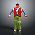 Male 3D Character with Red Vest Colorful Sleeves Green Pants White Stripes and White Shoes