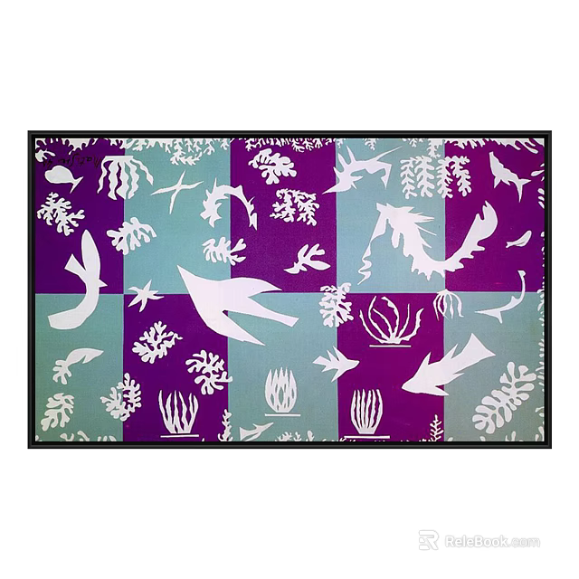 Ocean Life Pattern With Purple Turquoise Background And White Fish Silhouettes 3d model 