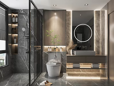 Modern Bathroom Interior With Marble Surfaces Glass Shower Round Mirror Vanity Sink And Potted Plant 3d model