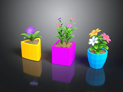 Colorful Square Flower Pots With Vibrant Colored Flowers And Green Leaves 3d model