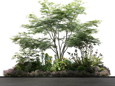Lush Green Tree Surrounded By Purple Yellow Flowers And Green Shrubs 3d model