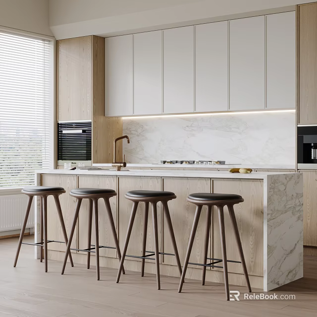 Modern Kitchen Bar Design With Marble Countertop Wooden Stools White Cabinets And Under Cabinet Lighting 3d model 
