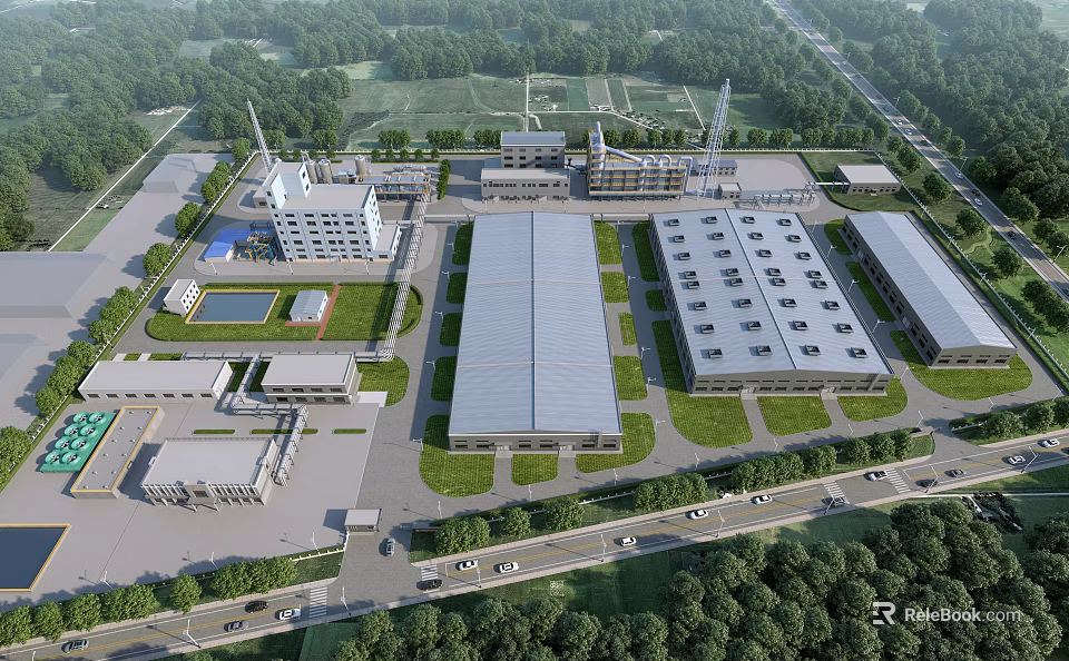 Modern Industrial Factory Complex With Multiple Buildings Green Areas Roads And Parking Lots 3d model 