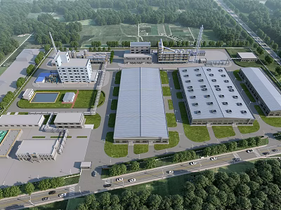 Modern Industrial Factory Complex With Multiple Buildings Green Areas Roads And Parking Lots 3d model