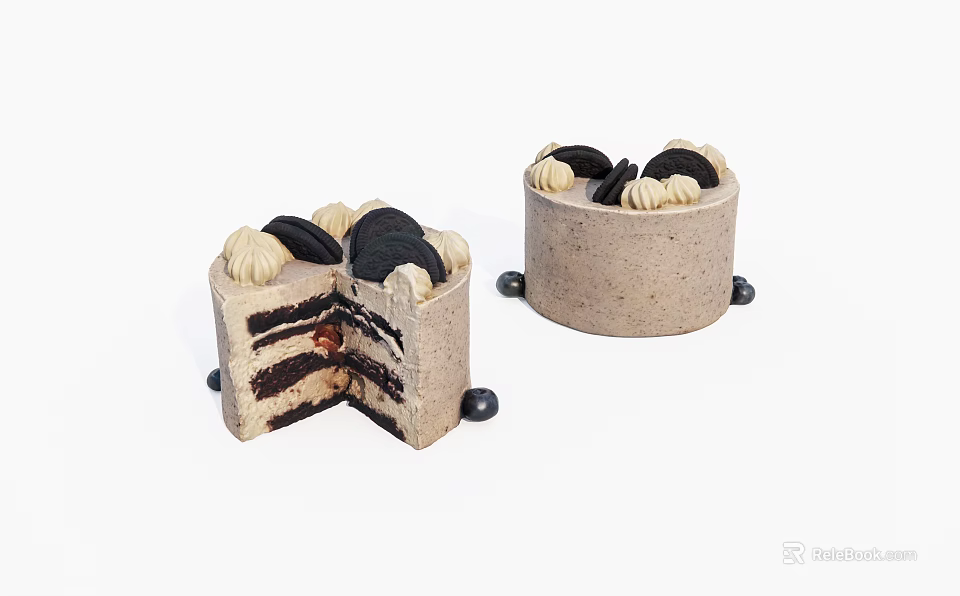 Delicious Creamy Layered Cake Sliced and Whole Topped with Oreo Cookies and Decorative Balls 3d model 