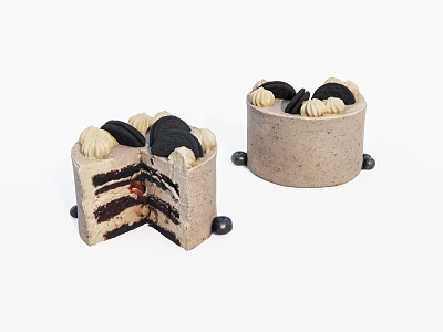 Delicious Creamy Layered Cake Sliced and Whole Topped with Oreo Cookies and Decorative Balls 3d model