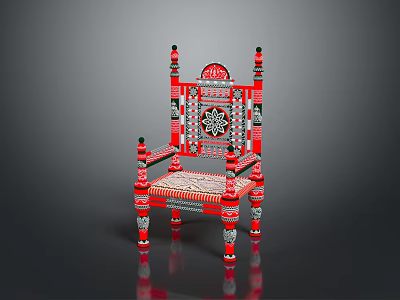 Ornate Red Dining Chair With Intricate Carved Design Decorative Posts And Green Accents 3d model