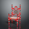 Ornate Red Dining Chair With Intricate Carved Design Decorative Posts And Green Accents