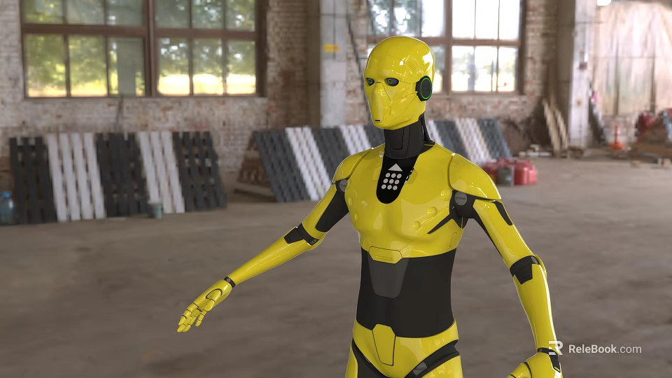 Smart Humanoid Robot With Yellow Exterior And Black Components In Industrial Warehouse Setting 3d model 