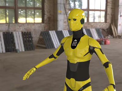 Smart Humanoid Robot With Yellow Exterior And Black Components In Industrial Warehouse Setting 3d model