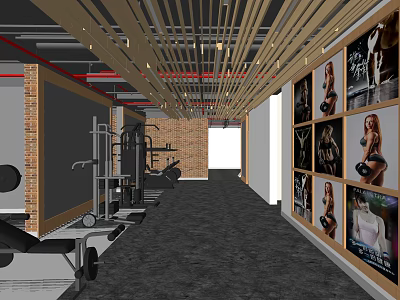 Modern Gym Interior With Fitness Equipment Brick Walls Wooden Ceiling Beams And Workout Posters 3d model