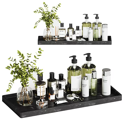 Elegant Bathroom Accessories Arranged on Black Tray with Soap Dispensers Eucalyptus and Small Candles 3d model