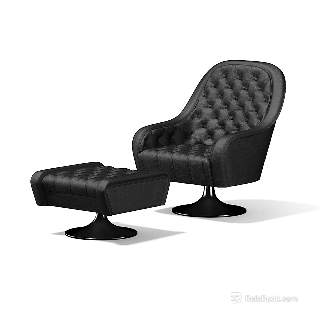 Black Tufted Lazy Sofa With Round Base And Matching Ottoman 3d model 