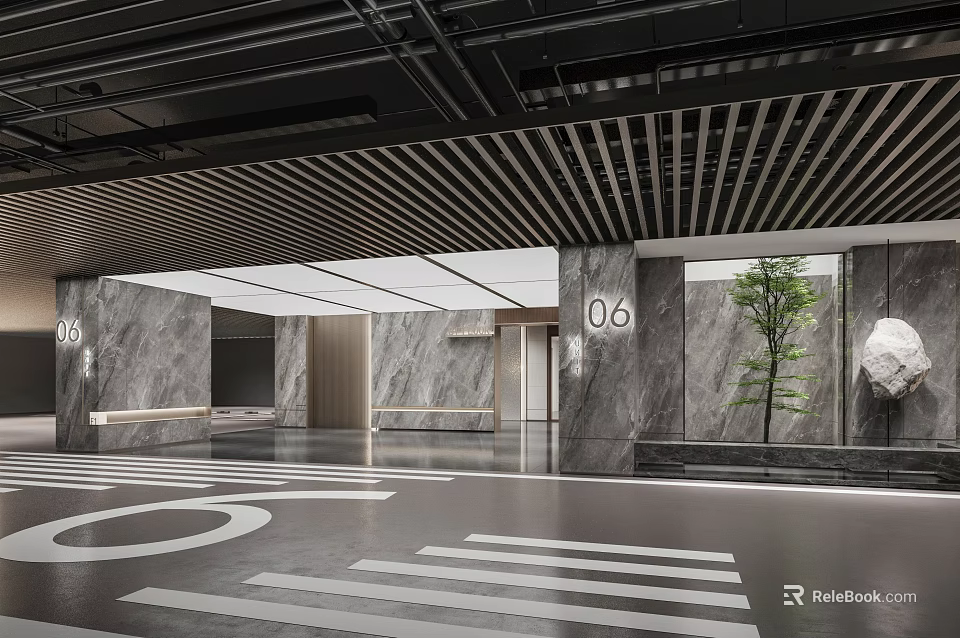 Modern Lobby Interior With Marble Walls Number 06 Signs Wooden Slat Ceiling And Indoor Tree 3d model 