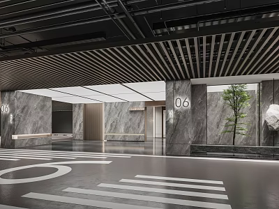 Modern Lobby Interior With Marble Walls Number 06 Signs Wooden Slat Ceiling And Indoor Tree 3d model