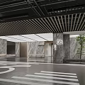 Modern Lobby Interior With Marble Walls Number 06 Signs Wooden Slat Ceiling And Indoor Tree