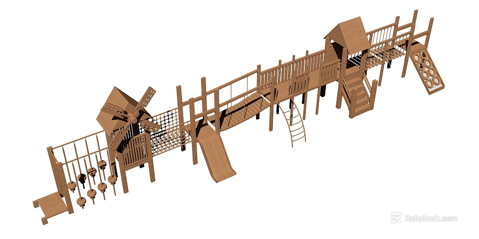 Wooden Playground Equipment Featuring Slide Windmill Climbing Net and Stairs 3d model 