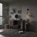 Dressing Table With Round Mirror Grey Stool Framed Pictures Wall Lamp And Potted Plant