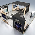 Modern Elegant Exhibition Booth Design With Metallic Strips Display Screens And Marble Reception Counter