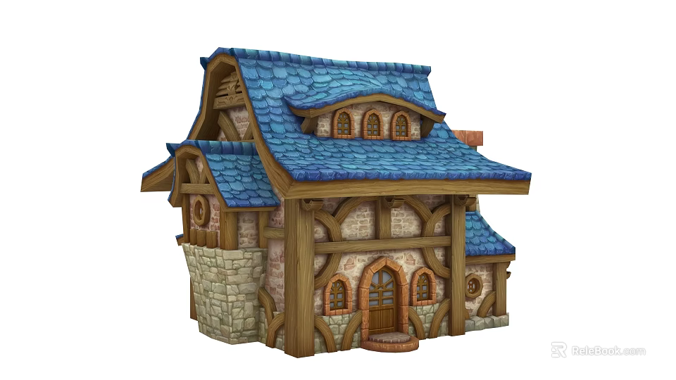Cartoon House with Blue Roof Wooden Structure Stone Walls Arched Windows and Front Door 3d model 
