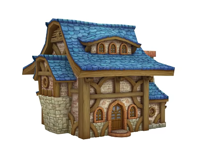 Cartoon House with Blue Roof Wooden Structure Stone Walls Arched Windows and Front Door 3d model