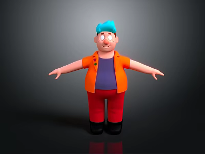 Cartoon Character With Blue Hair Orange Jacket Purple Shirt Red Pants Standing With Outstretched Arms 3d model