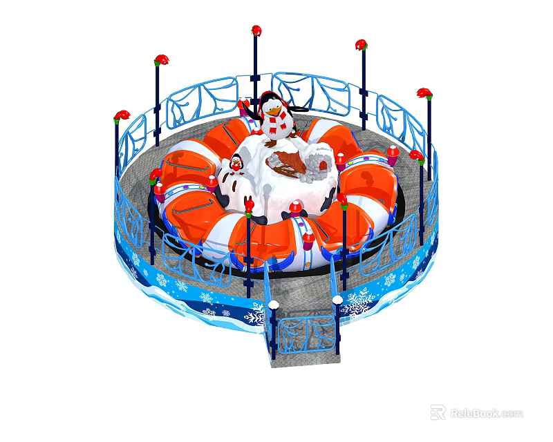 Rotating Amusement Ride With Orange White Cabins Blue Railings Red Decorative Lights And Entry Stairs 3d model 