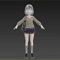 3D School Girl Character In Brown Sweater Black Pleated Skirt Red Bow And Bag