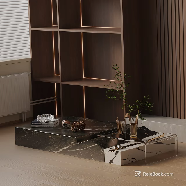 Modern Sofa Coffee Table Set With Marble Top And Wooden Wall Decorative Items 3d model 