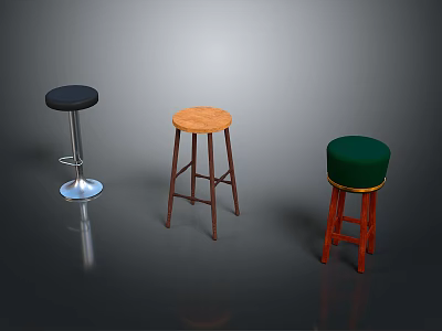 Three Different Bar Stools Black Wooden Green With Metal Base And Wooden Legs 3d model