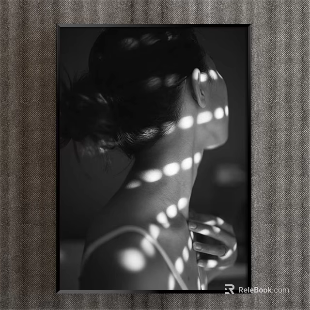 Black and White Portrait Painting of Female Profile With Circular Light Spots and Bun Hair 3d model 