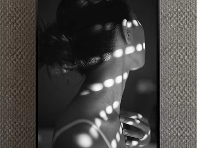 Black and White Portrait Painting of Female Profile With Circular Light Spots and Bun Hair 3d model