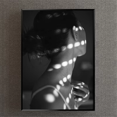 Black and White Portrait Painting of Female Profile With Circular Light Spots and Bun Hair 3d model