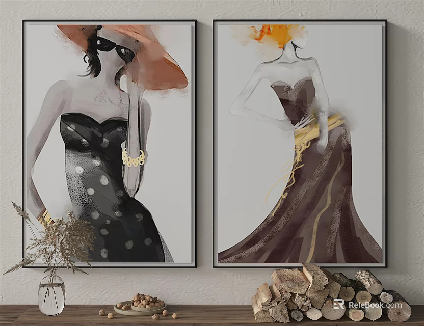 Wall Art Featuring Female Figures In Dresses With Decorative Table And Wooden Logs 3d model 
