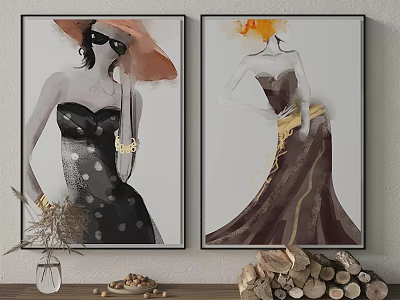 Wall Art Featuring Female Figures In Dresses With Decorative Table And Wooden Logs 3d model