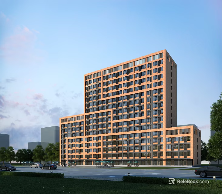 Modern Urban Office Building With Orange Brown Exterior Multiple Windows Trees And Roads 3d model 